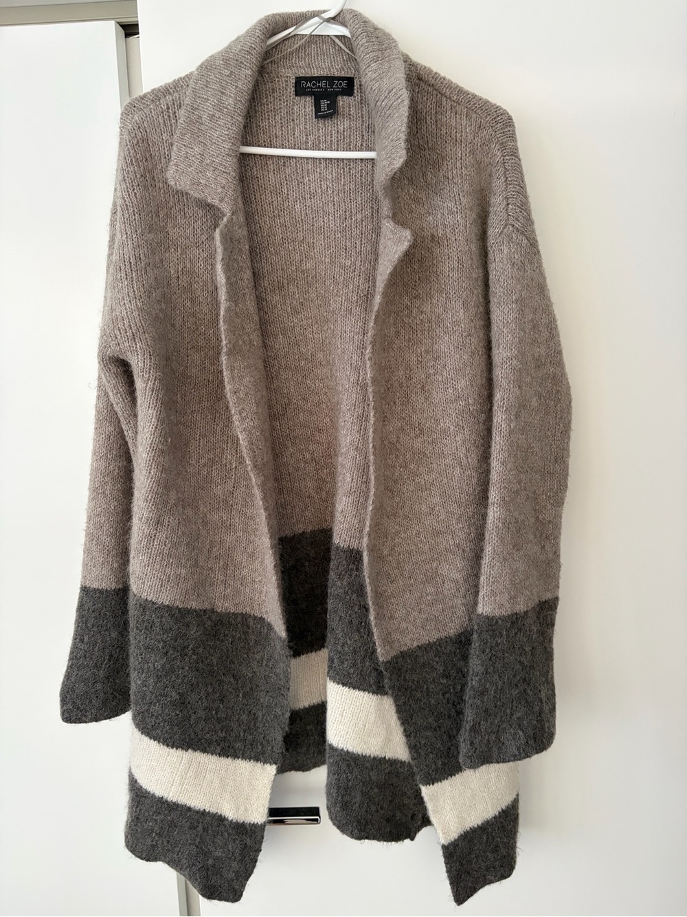 Rachel Zoe Taupe, Charcoal & Cream Open Front Colorblock Wool Cardigan